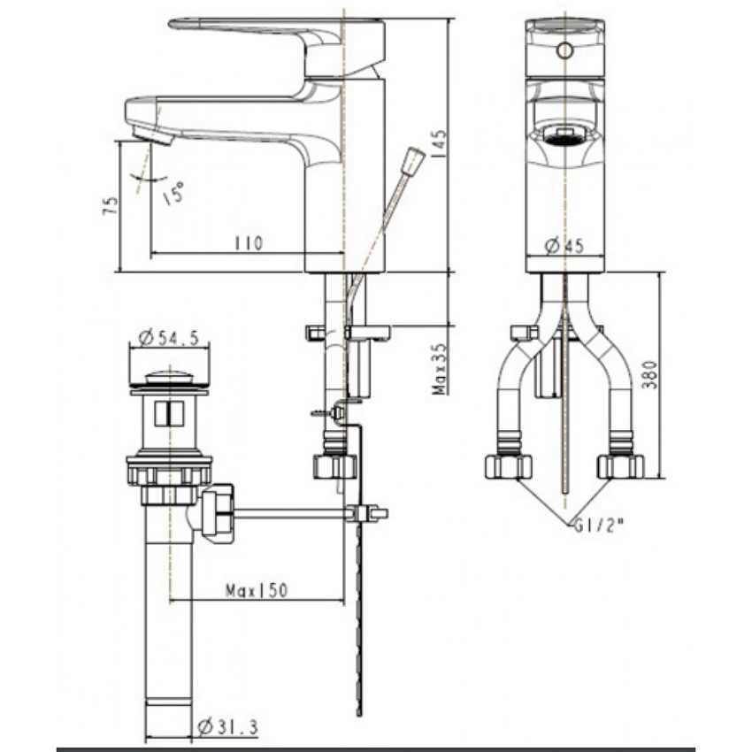 Bản vẽ kĩ thuật của vòi rửa mặt nóng lạnh American Standard WF-B201