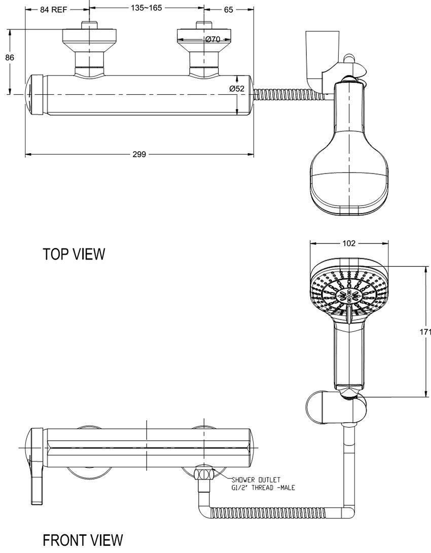 Bản vẽ kĩ thuật của vòi sen tắm nóng lạnh American Standard WF-6812