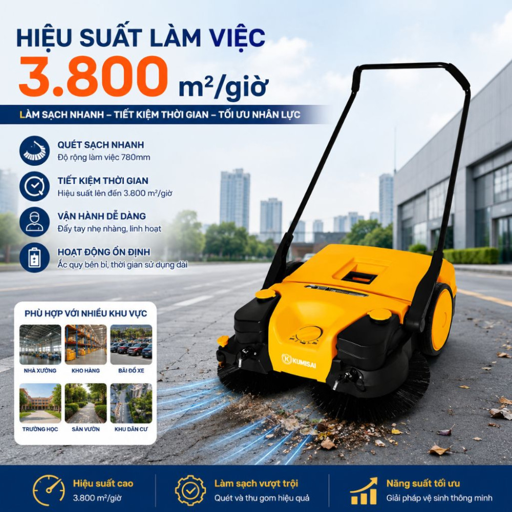 Xe quét rác đẩy tay dùng bình ắc quy Kumisai KMS 780E - Hàng chính hãng