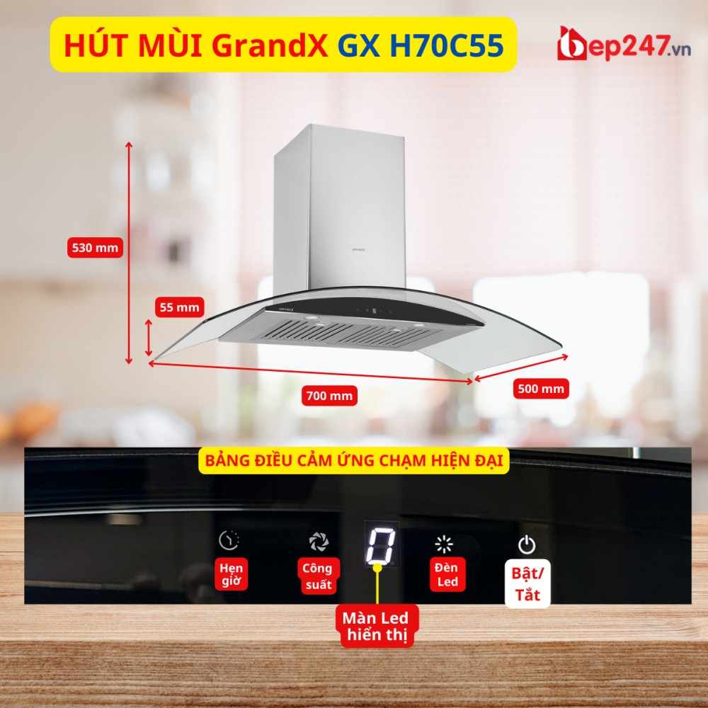 Hút mùi kính cong áp tường GrandX GX H70C55B - Hàng chính hãng