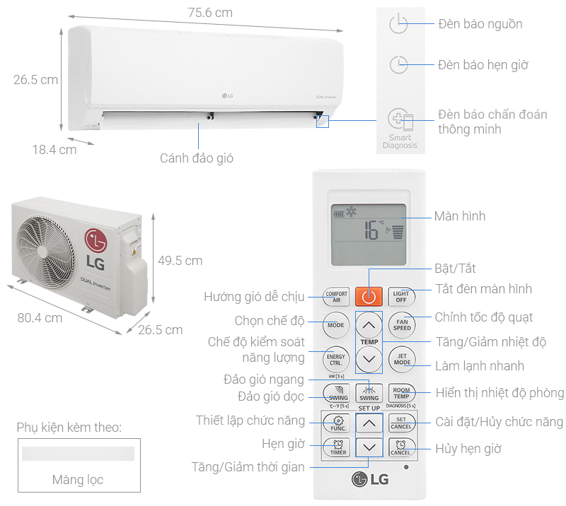 Kích thước và bảng điều khiển của Máy lạnh Inverter 1 HP LG V10WIN 