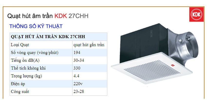 Thông số của quạt hút KDK 27CHH