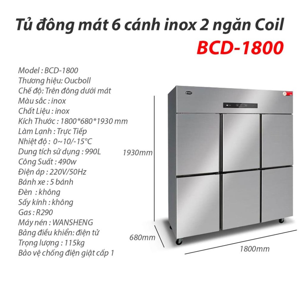 Tủ đông 6 cánh Oucboll BCD-1800Q - 990 lít - Hàng chính hãng