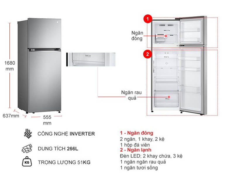 Kích thước của tủ lạnh LG Inverter 266 Lít GV-B262PS