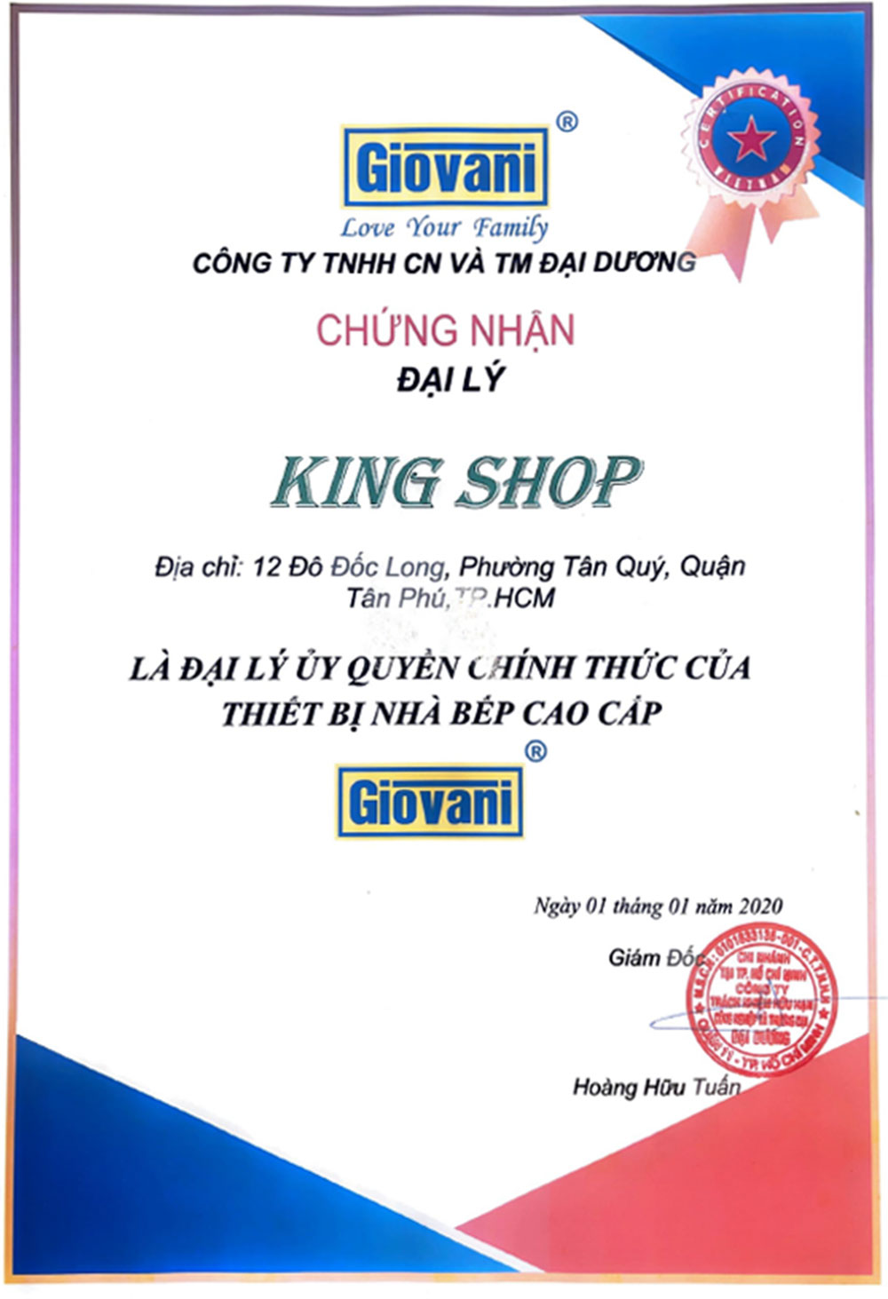  Chứng nhận King Shop là đại lý ủy quyền chính thức thương hiệu Giovani